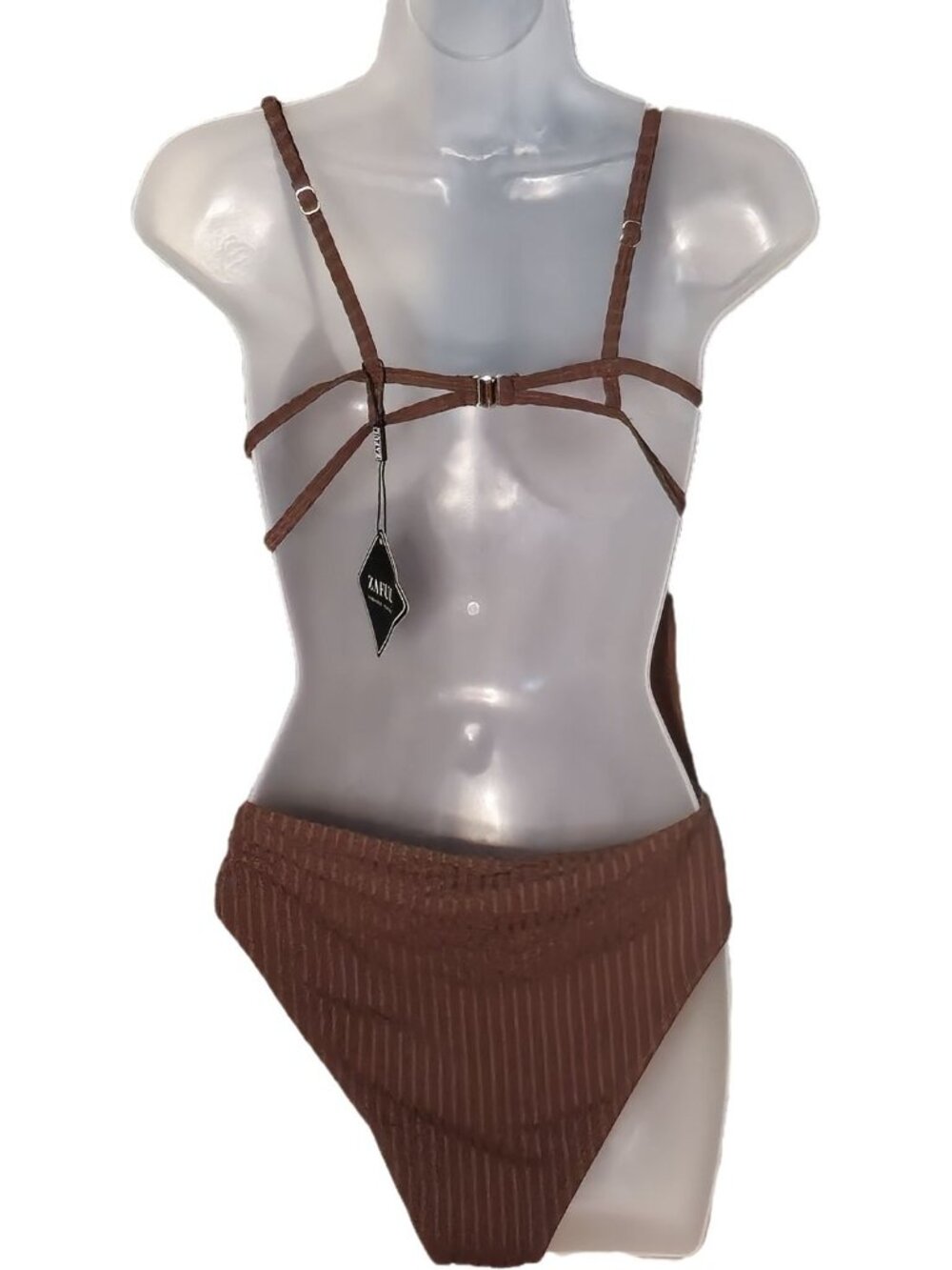 Brown Ribbed Scoop Neck One Piece Swimsuit M Adjustable Straps - Picture 8 of 8